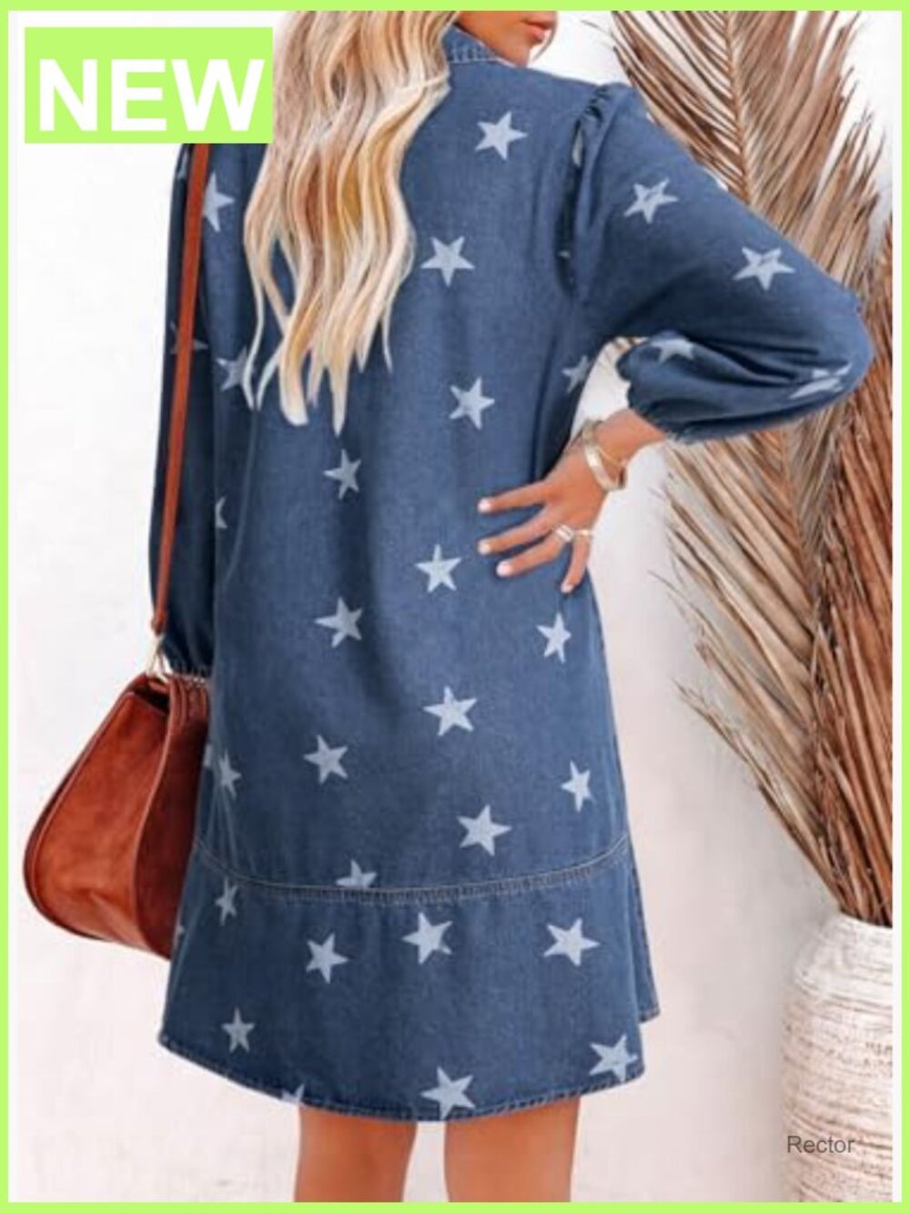Denim Dress Women V Neck 3/4 Puff Sleeve Babydoll Jean Dress - Picture 2 of 7